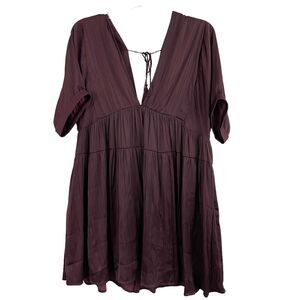 Free People Babydoll Mini Dress Size S Oversized V Neck Short Sleeves Purple